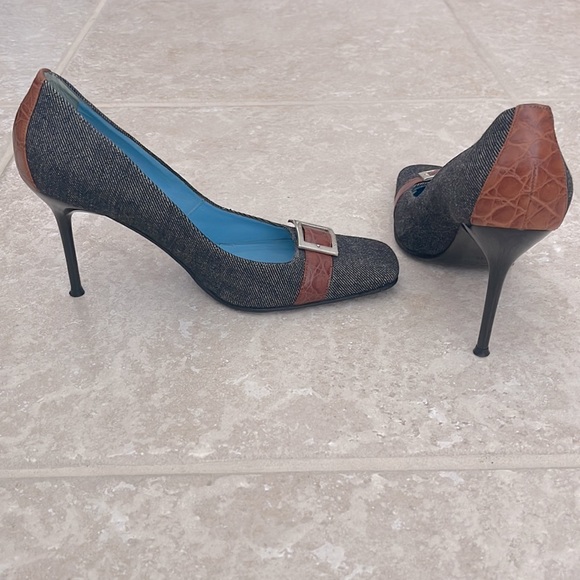 Dolce Gabbana womens size EU38 US8 heels jean fabric brown leather like new - Picture 6 of 9